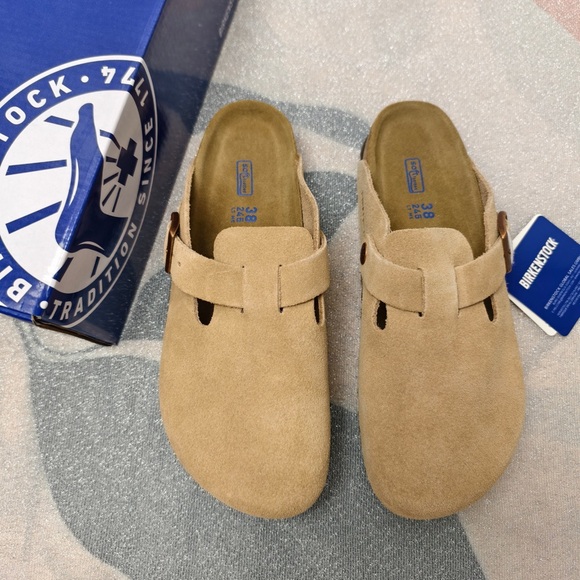 Birkenstock Shoes - Women's Birkenstock Boston Latte Cream Suede Shoes - Narrow Fit